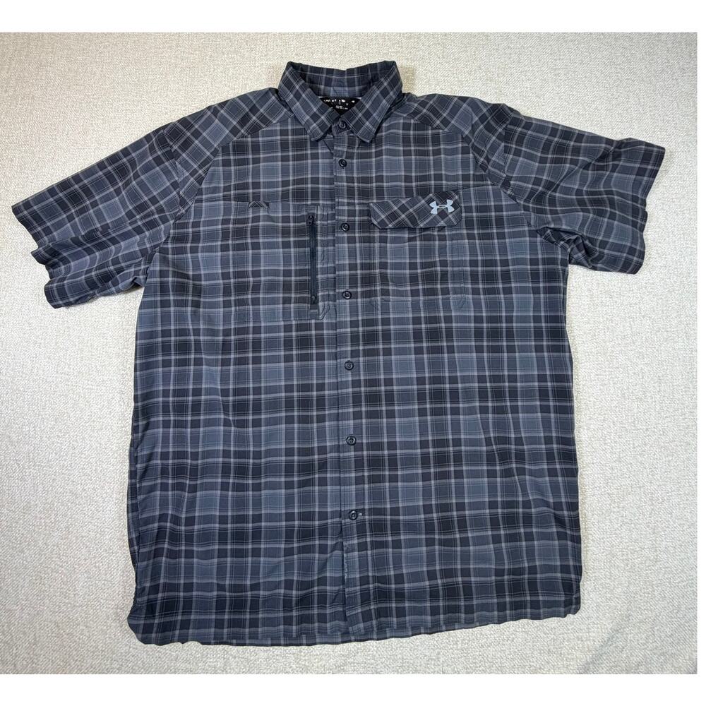 Under Armour Mens XL Black Plaid Short Sleeve Button Front Performance Shirt